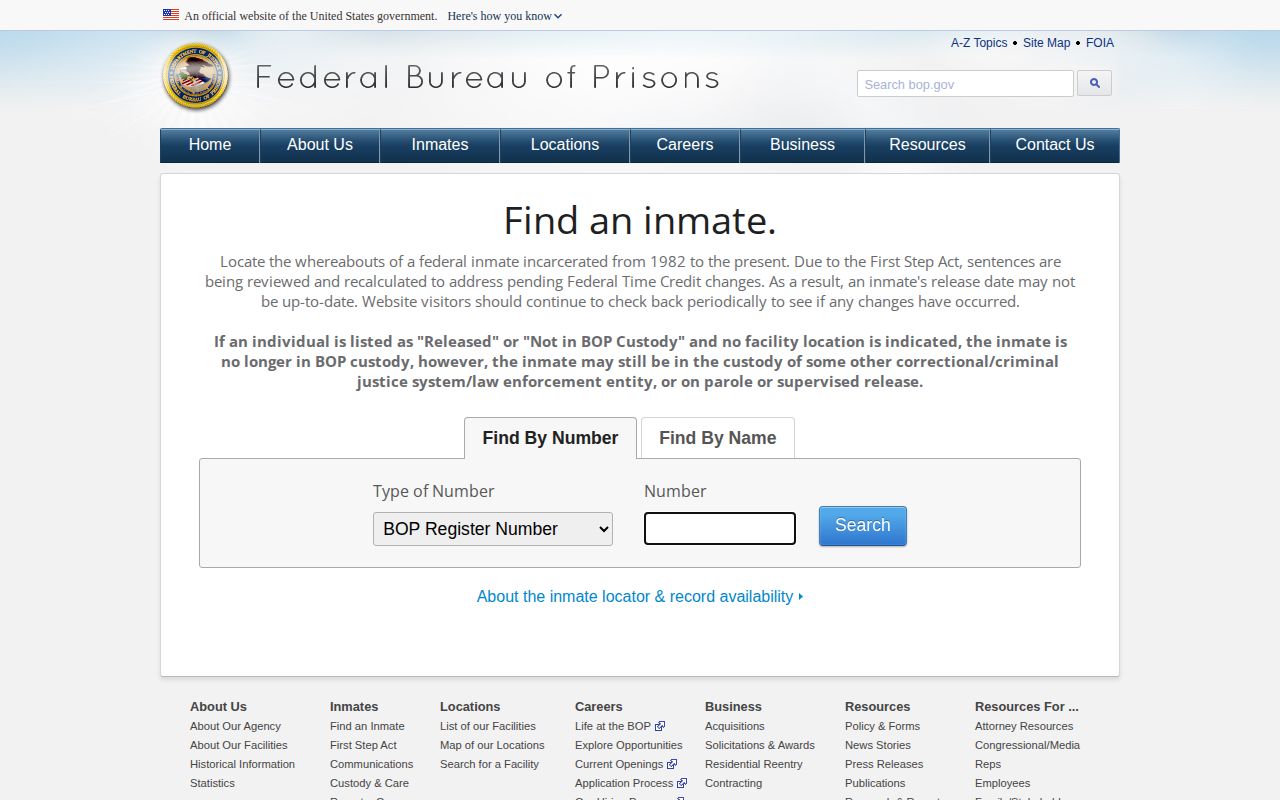 Federal locator fields for a Marshall County released inmate inquiry