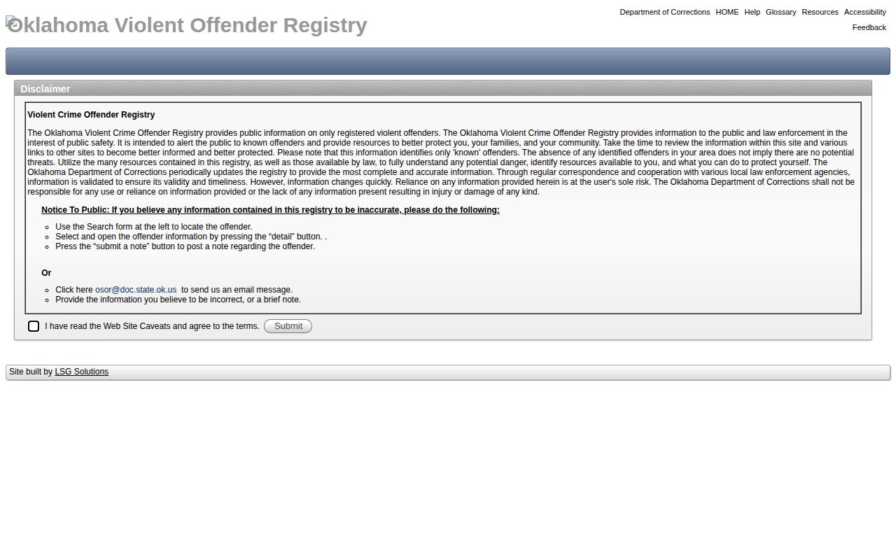 Marshall County release verification through the official Oklahoma Violent Offender Registry entry